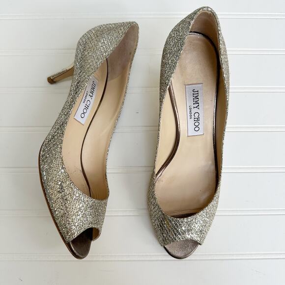 Jimmy Choo Isabel Champagne Glitter Peep Toe Pumps 38.5 Bridal Wedding Heel - Picture 1 of 12